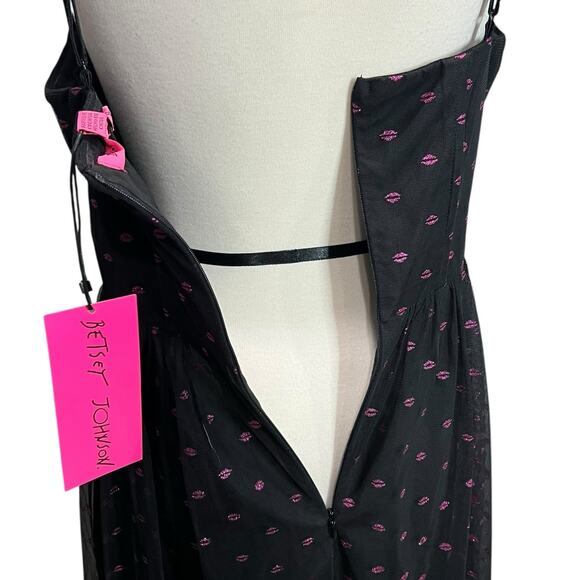 Betsey Johnson Corset Midi Dress 8 Black Lip Print Tulle Mesh Whimsical Romantic - Picture 7 of 15